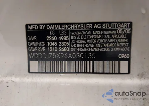 2006 Mercedes-Benz Cls 500 из США, поврежденный, VIN WDDDJ75X96A030135